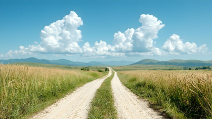 Fototapeta premium Rural road leads to mountains under sunny sky
