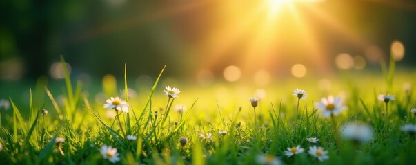 Radiant sunbeams dancing across dewy grass and flowers in a peaceful environment, natural, morning