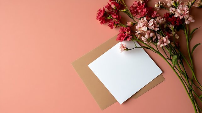 Blank Card with Dried Flowers and Envelope on Pink Background / ピンクの背景のドライフラワーと封筒のある空白のカード