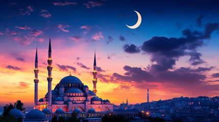 Fototapeta premium Ramadan kareem background featuring suleymaniye mosque illuminated at night in istanbul, turkey.
