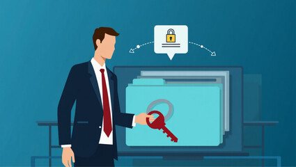 Businessman Securing Confidential Data with Key and Locked Folder, Representing Data Security and Privacy
