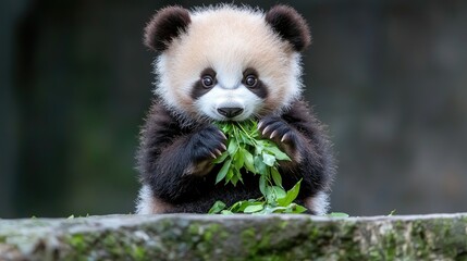 Obraz premium Baby panda eating bamboo leaves in a sanctuary