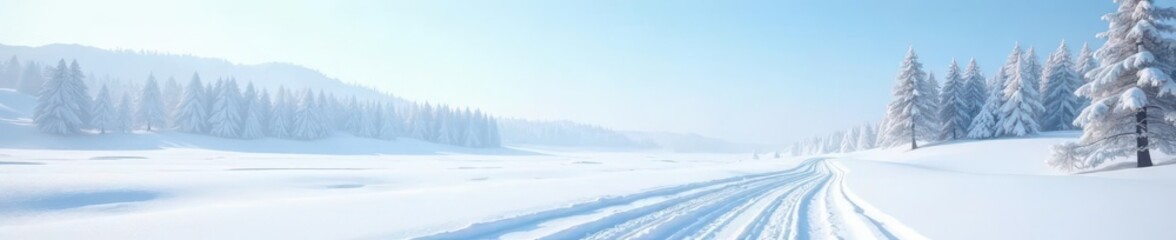 Vast snow-covered landscape, clear sky, winter tranquility, field, background