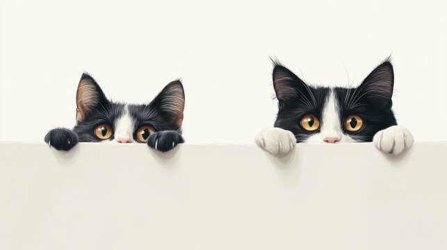 Two tuxedo cats peeking over white background; perfect for pet ads