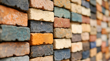 Fototapeta premium Colorful brick wall texture, outdoors, shallow depth of field, design background