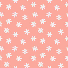 Cute simple minimalistic white flowers on pink background seamless pattern. Vector illustration