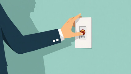 Businessman turning off switch to save energy, metaphor for closing business or bankruptcy, switch off concept