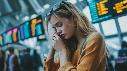 Situation with the cancelled flight: A young, attractive woman traveler finds out that her flight has been cancelled and she won't be able to return home today. 
