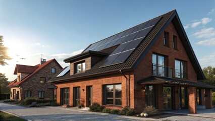 Modern house with solar panels, Generative AI