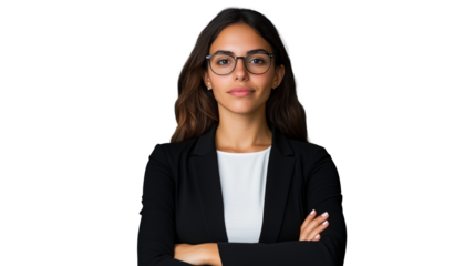 Confident businesswoman standing with folded arms on transparent background
