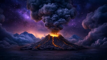 Majestic Lava Eruption Glowing Under a Starry Sky with Swirling Ash Clouds. Generative AI