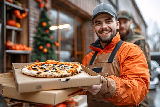 A young man wearing an orange jacket and gloves smiles as he holds a freshly baked pizza in front of a cozy restaurant decorated for autumn. Another person stands behind him, enjoying the moment