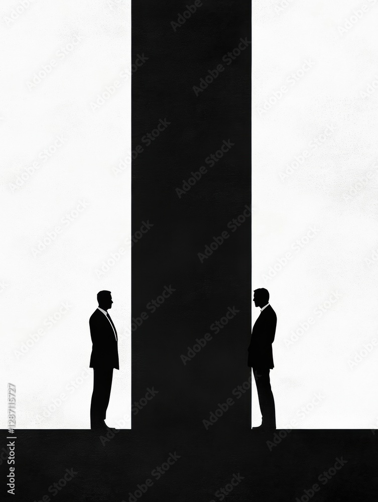 Leinwandbilder Two individuals standing in conversation across a tall, dark structure in a minimalistic setting during daylight hours. Generative AI