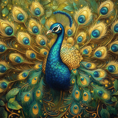 Fototapeta premium Vibrant Peacock Illustration with Lush Foliage
