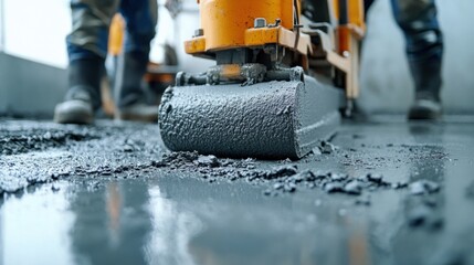 Construction site teamwork, workers using vibrating machine to level cement mortar, smooth floor preparation