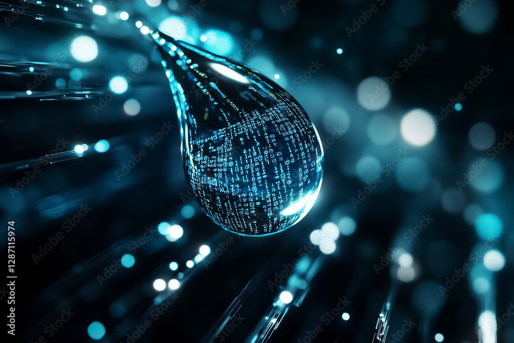 Poster a digital water droplet reflects binary code while suspended in a colorful bokeh setting. the vibran