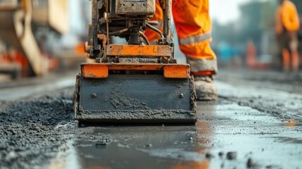 Construction site teamwork, workers using vibrating machine to level cement mortar, smooth floor preparation