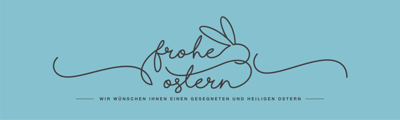 Happy Easter line design handwritten calligraphy typography lettering text on German language with bunny on sea green background greeting card
