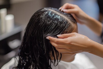 Naklejka premium Young woman takes treatment for hair loss at a beauty salon.