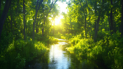 Obraz premium Sunset over tranquil forest river