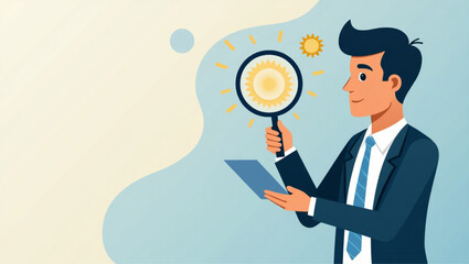 Businessman using magnifying glass to find solution, concept of problem-solving and root cause analysis in business