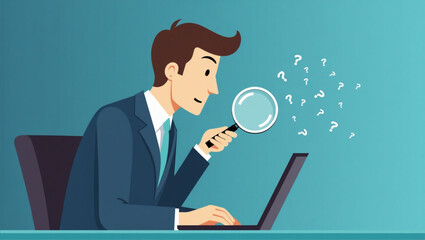 Businessman using magnifying glass to find solution, concept of problem-solving and root cause analysis in business