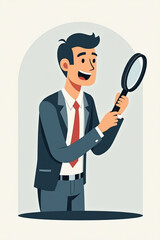 Businessman using magnifying glass to find solution, concept of problem-solving and root cause analysis in business