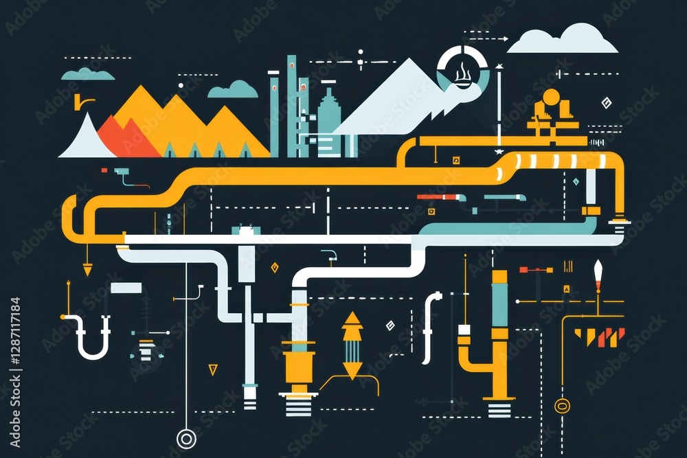 Poster Visual representation of gas pipeline flow and infrastructure in a minimalist infographic style. Generative AI