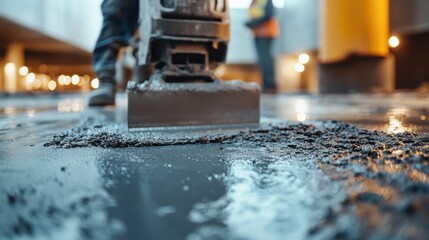Construction site teamwork, workers using vibrating machine to level cement mortar, smooth floor preparation