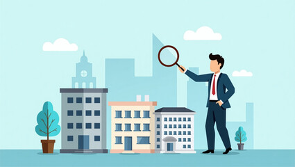 Businessman Using Magnifying Glass to Select Best Building for Company Expansion and Growth
