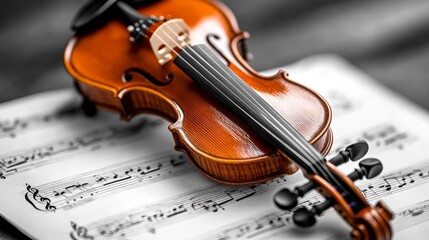 Fototapeta premium Violin Resting on Music Sheet in High Contrast Black and White. Generative AI