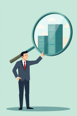 Businessman Using Magnifying Glass to Select Best Building for Company Expansion and Growth