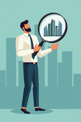Businessman Using Magnifying Glass to Select Best Building for Company Expansion and Growth