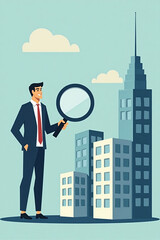 Businessman Using Magnifying Glass to Select Best Building for Company Expansion and Growth