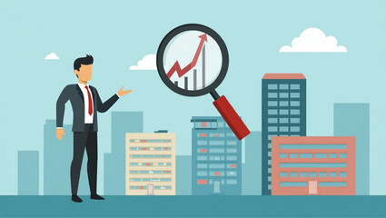 Businessman Using Magnifying Glass to Select Best Building for Company Expansion and Growth