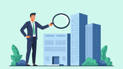 Businessman Using Magnifying Glass to Select Best Building for Company Expansion and Growth