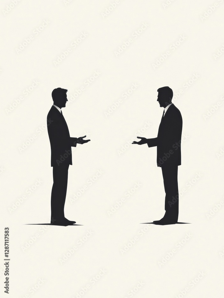 Poster Two silhouettes engage in a discussion, conveying dialogue and communication in a minimalistic style. Generative AI