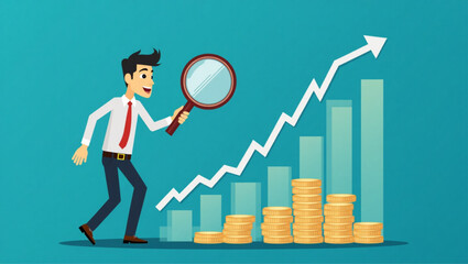 Businessman Using Magnifying Glass to Track Money Trail vector::9, navigating path to financial success and company growth