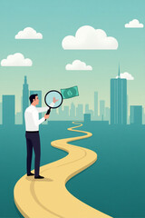 Businessman Using Magnifying Glass to Track Money Trail vector::9, navigating path to financial success and company growth