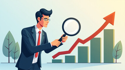 Businessman Using Magnifying Glass to Track Money Trail vector::9, navigating path to financial success and company growth