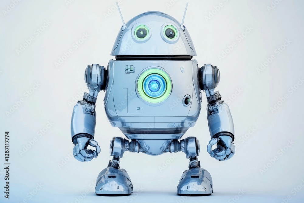 Poster modern robot character design with futuristic features and vibrant colors