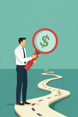 Businessman Using Magnifying Glass to Track Money Trail vector::9, navigating path to financial success and company growth