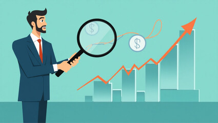 Businessman Using Magnifying Glass to Track Money Trail vector::9, navigating path to financial success and company growth