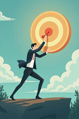 Businessman Using Newton's Cradle to Hit Target vector::9, making impact and achieving success through focused efforts