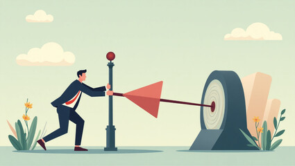 Businessman Using Newton's Cradle to Hit Target vector::9, making impact and achieving success through focused efforts