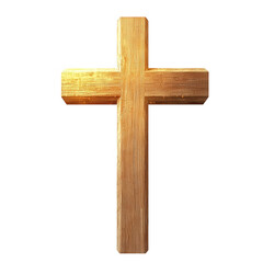 A simple wooden cross standing tall, surrounded by soft golden light, transparent background, PNG