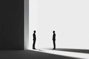 Fototapeta premium Two businessmen engaged in a deep conversation in a minimalist, shadowy space during the afternoon. Generative AI