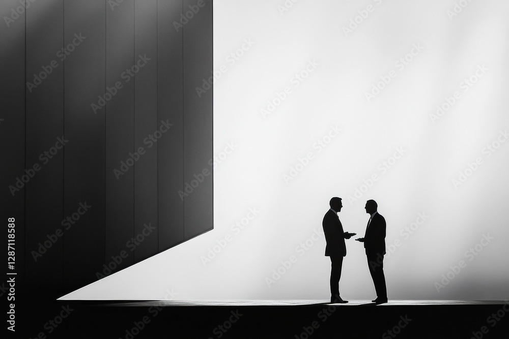 Aufkleber Two business professionals engaged in a discussion near a modern architectural structure at sunset. Generative AI