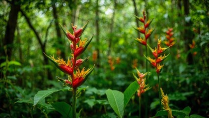 Exotic heliconia flowers in lush rainforest setting