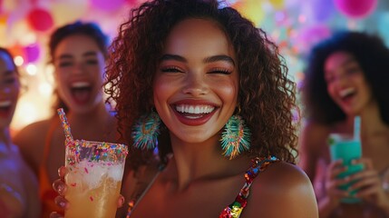 Obraz premium Vibrant Celebration of Friendship at a Bachelorette Party with Joyful Girls Enjoying Drinks and Creating Fun Memories